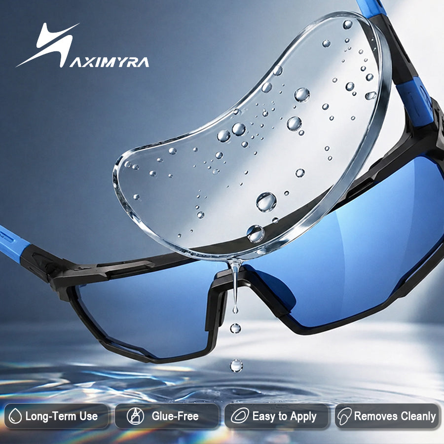 AXIMYRA stick on lens on blue sunglasses. “Long Term Use” “Glue Free” “Easy to Apply” “Removes Cleanly”.