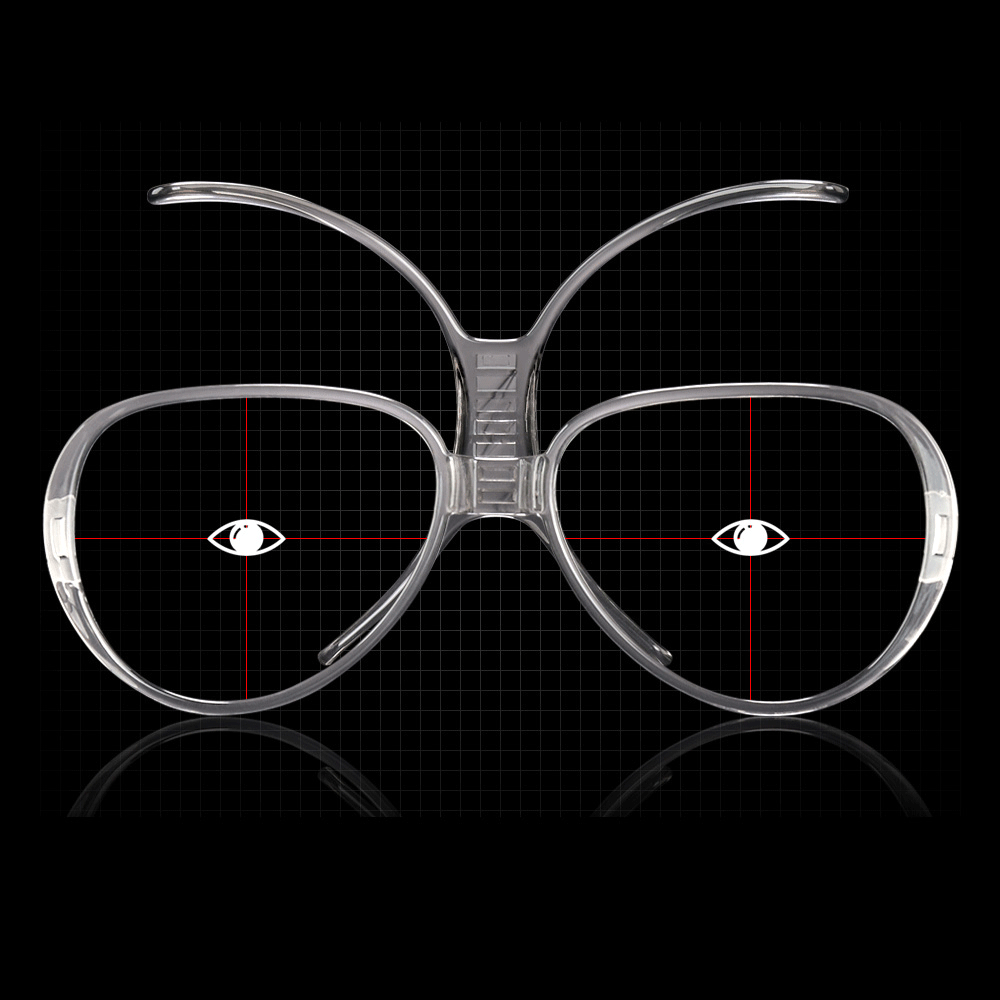 Animated prescription goggle insert shifting to demonstrate adjustable positioning for a centered fit inside compatible goggles.