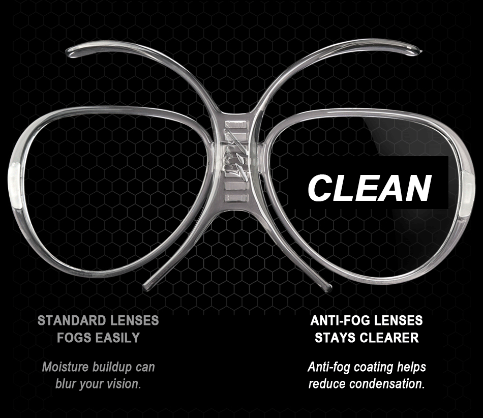 Prescription goggle inserts comparing a fogged standard lens with a clear anti fog lens. “FOG”. “CLEAN”. “STANDARD LENSES FOGS EASILY”. “Moisture buildup can blur your vision”. “ANTI FOG LENSES STAYS CLEARER”. “Anti fog coating helps reduce condensation”.
