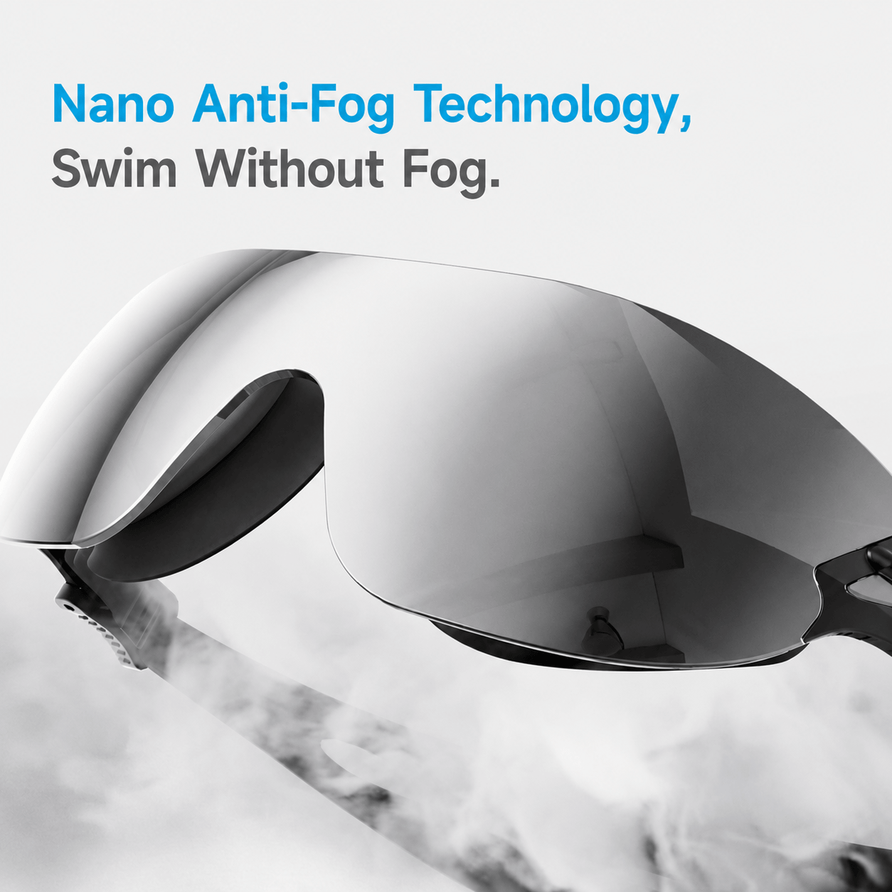 Close up of mirrored prescription swim goggles highlighting the anti fog lens coating. Text reads "Nano Anti Fog Technology". "Swim Without Fog".