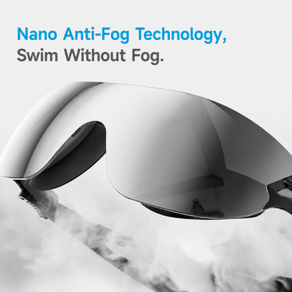 Close up of mirrored prescription swim goggles highlighting the anti fog lens coating. Text reads "Nano Anti Fog Technology". "Swim Without Fog".
