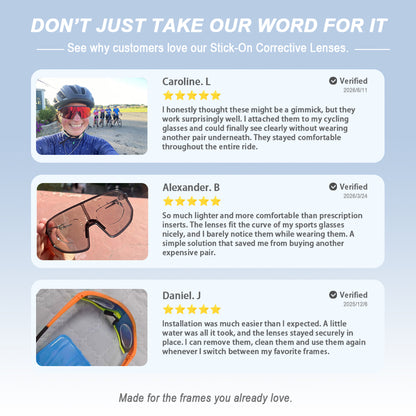 Customer review collage for stick on lenses showing cycling glasses sports eyewear and lens storage.