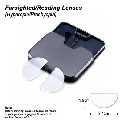 Clear stick on reading lenses for farsighted and presbyopia users beside a black storage case. “Farsighted Reading Lenses”. “Hyperopia Presbyopia”. “1.8cm”. “3.1cm”. “Note”. “Before ordering please measure the inside of your glasses or goggles to ensure the stick on lenses will fit”.
