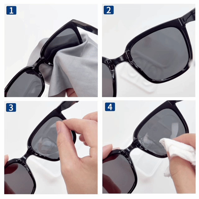 Four step guide showing how to apply stick on lenses to sunglasses. Clean the lens. Position and press the stick on lens into place. Wipe the surface after installation.