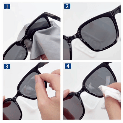 Four step guide showing how to apply stick on lenses to sunglasses. Clean the lens. Position and press the stick on lens into place. Wipe the surface after installation.