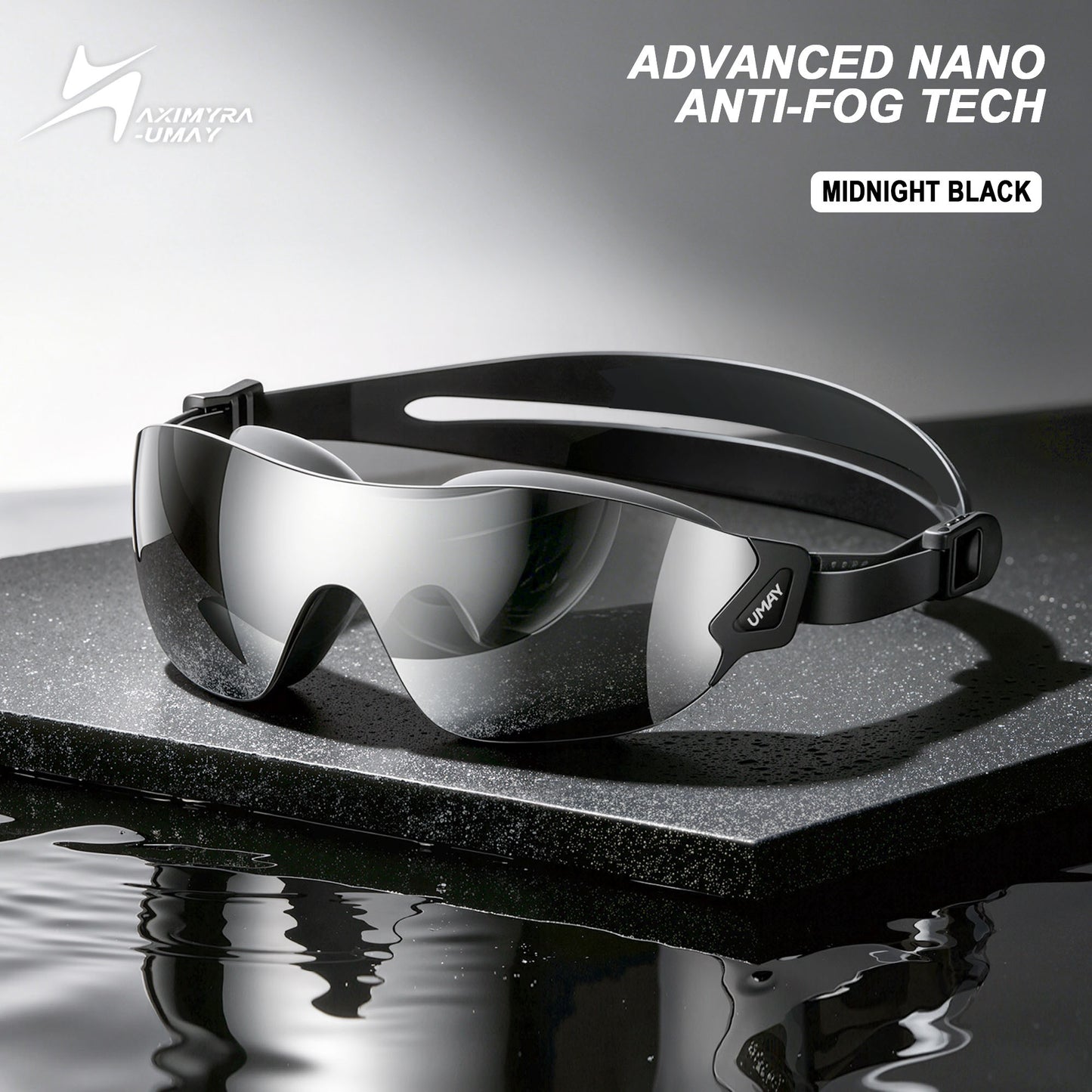 Midnight black prescription swim goggles with mirrored wraparound lenses and an adjustable black strap beside water. Text reads "ADVANCED NANO ANTI-FOG TECH". "MIDNIGHT BLACK".