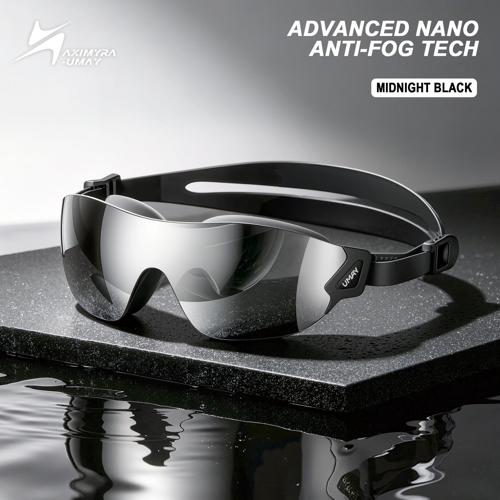 Midnight black prescription swim goggles with mirrored wraparound lenses and an adjustable black strap beside water. Text reads "ADVANCED NANO ANTI-FOG TECH". "MIDNIGHT BLACK".