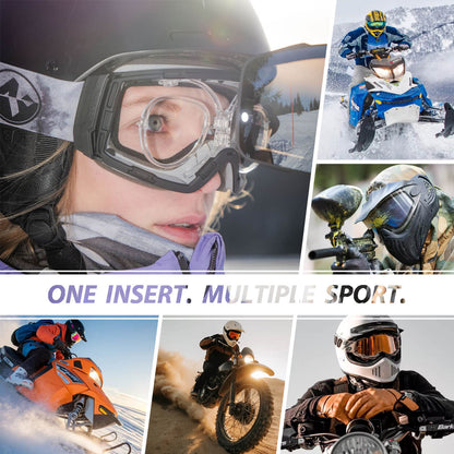 Prescription goggle inserts shown for skiing snowmobiling paintball and motocross. Text reads "ONE INSERT. MULTIPLE SPORT.".