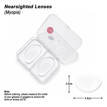 Clear stick on lenses for nearsighted users in a storage case. “Nearsighted Lenses”. “Myopia”. “2.9cm”. “4.8cm”. “Note”. “Before ordering please measure the inside of your glasses or goggles to ensure the stick on lenses will fit”.