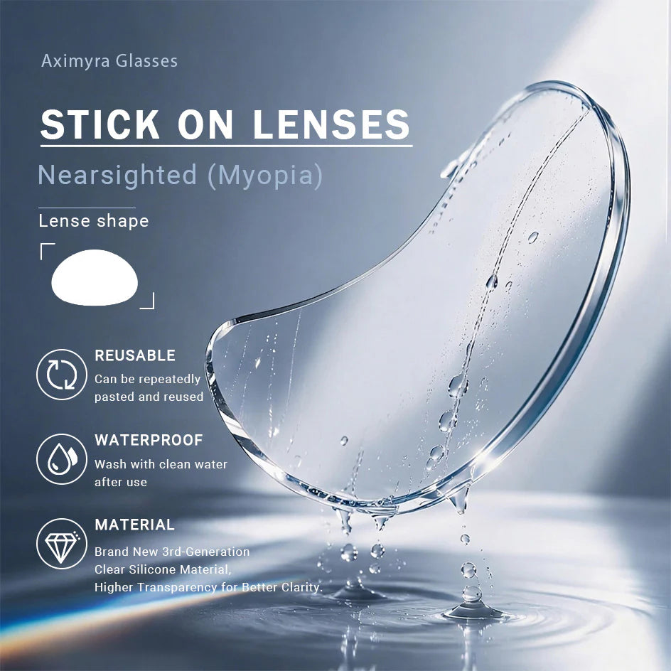 Clear lens designed for nearsighted users. Text reads "Aximyra Glasses". "STICK ON LENSES". "Nearsighted Myopia". "Lense shape". "REUSABLE". "Can be repeatedly pasted and reused". "WATERPROOF". "Wash with clean water after use". "MATERIAL". "Brand New 3rd Generation Clear Silicone Material". "Higher Transparency for Better Clarity".