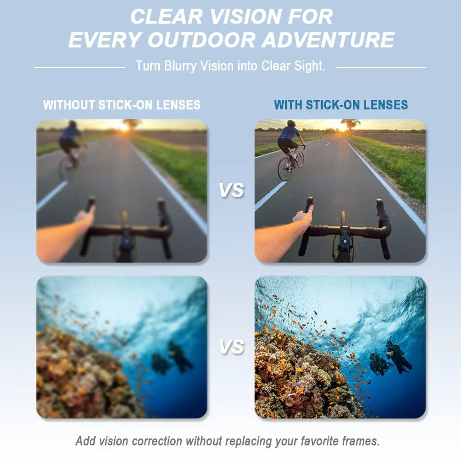 Outdoor vision comparison using stick on lenses. Left panels show blurry cycling and diving views without stick on lenses. Right panels show clearer cycling and diving views with stick on lenses. Text reads "CLEAR VISION FOR EVERY OUTDOOR ADVENTURE". "Turn Blurry Vision into Clear Sight". "WITHOUT STICK ON LENSES". "WITH STICK ON LENSES". "Add vision correction without replacing your favorite frames".