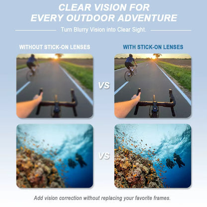 Outdoor vision comparison using stick on lenses. Left panels show blurry cycling and diving views without stick on lenses. Right panels show clearer cycling and diving views with stick on lenses. Text reads "CLEAR VISION FOR EVERY OUTDOOR ADVENTURE". "Turn Blurry Vision into Clear Sight". "WITHOUT STICK ON LENSES". "WITH STICK ON LENSES". "Add vision correction without replacing your favorite frames".