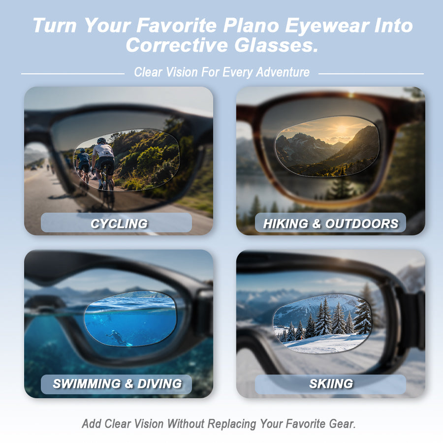 Stick on lenses shown on eyewear for cycling hiking swimming diving and skiing. Text reads “Turn Your Favorite Plano Eyewear Into Corrective Glasses.” “Clear Vision For Every Adventure.” “CYCLING.” “HIKING & OUTDOORS.” “SWIMMING & DIVING.” “SKIING.” “Add Clear Vision Without Replacing Your Favorite Gear.”