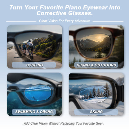 Stick on lenses shown on eyewear for cycling hiking swimming diving and skiing. Text reads “Turn Your Favorite Plano Eyewear Into Corrective Glasses.” “Clear Vision For Every Adventure.” “CYCLING.” “HIKING & OUTDOORS.” “SWIMMING & DIVING.” “SKIING.” “Add Clear Vision Without Replacing Your Favorite Gear.”