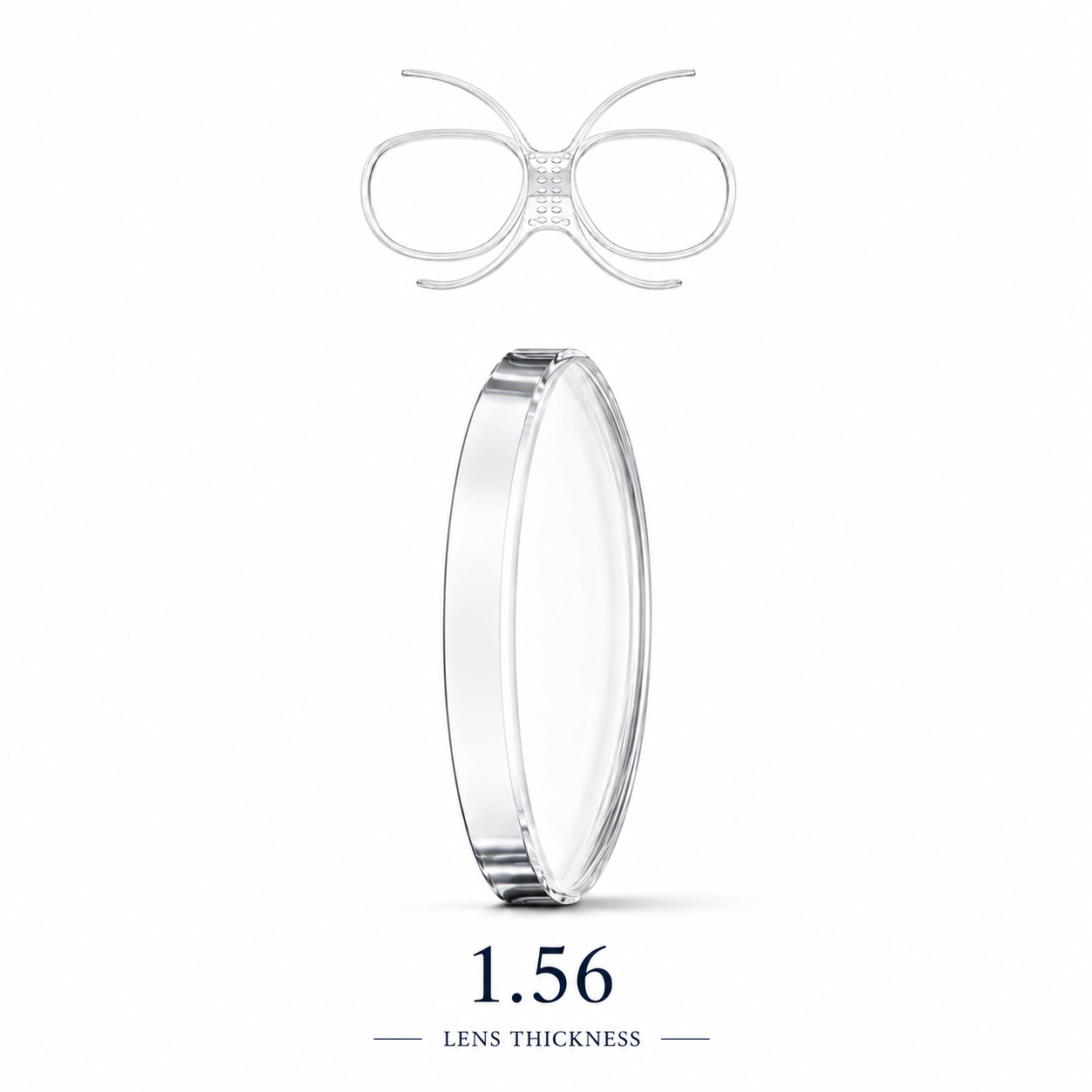 Clear prescription goggle insert with 1.56 lens shown from front and side. Text reads "1.56" "LENS THICKNESS".
