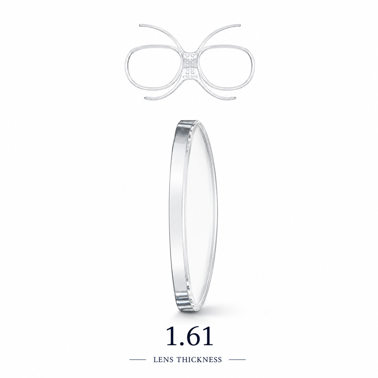 Clear prescription goggle insert with 1.61 lens shown from front and side. Text reads “1.61” “LENS THICKNESS”.
