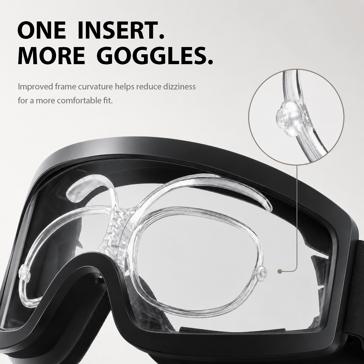 Clear prescription goggle insert fitted inside black sports goggles with a close up of the curved frame. Text reads "ONE INSERT. MORE GOGGLES." "Improved frame curvature helps reduce dizziness for a more comfortable fit."