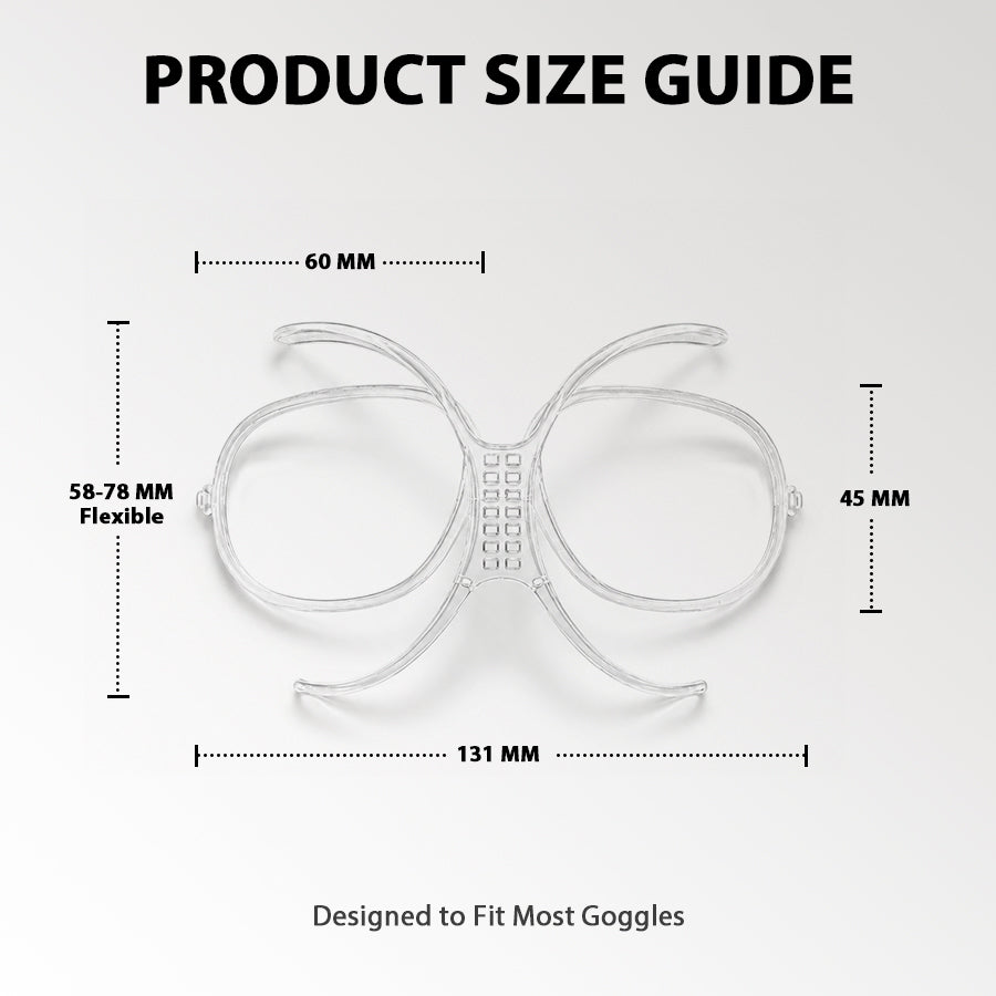 Clear prescription goggle insert shown with product dimensions.
