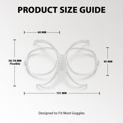 Clear prescription goggle insert shown with product dimensions.