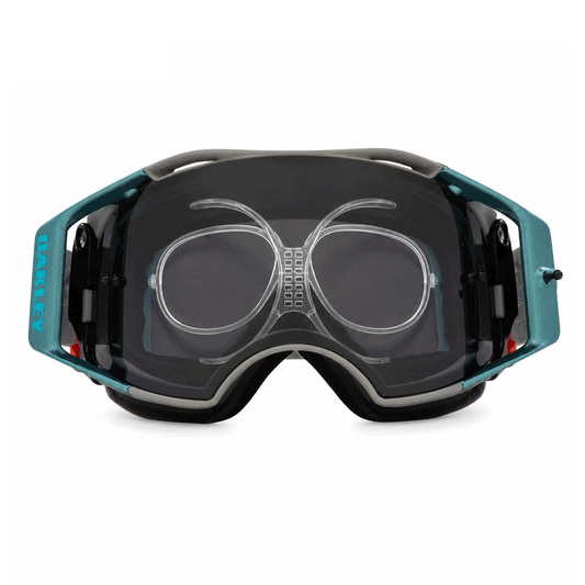 Animated sequence showing clear prescription goggle inserts fitted inside seven different sports goggles for multiple activities.