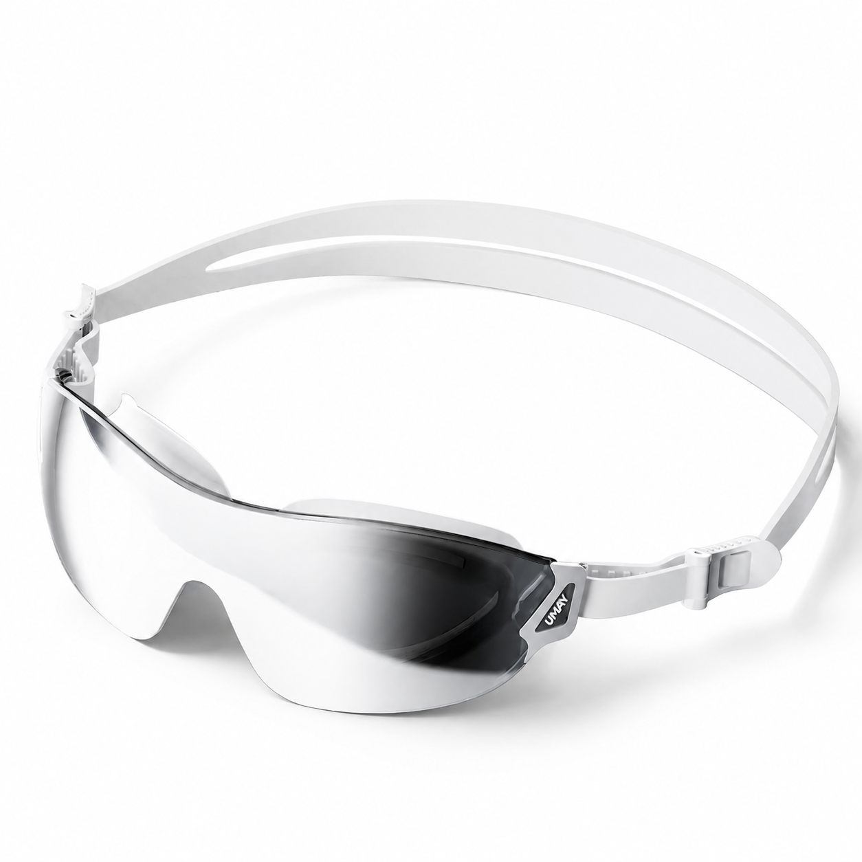 Silver mirrored prescription swim goggles with white adjustable strap on white background.