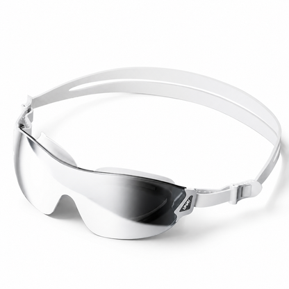 Silver mirrored prescription swim goggles with white adjustable strap on white background.
