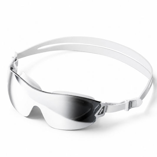 Silver mirrored prescription swim goggles with white adjustable strap on white background.
