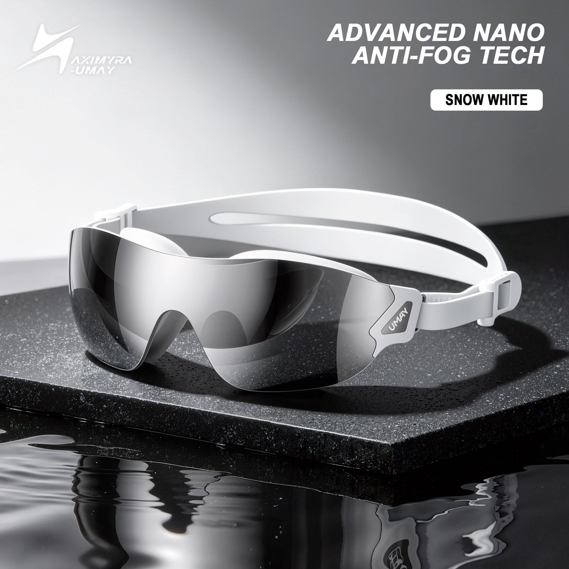 Snow white prescription swim goggles with mirrored wraparound lenses and an adjustable white strap resting beside water. Text reads "ADVANCED NANO ANTI-FOG TECH". "SNOW WHITE".