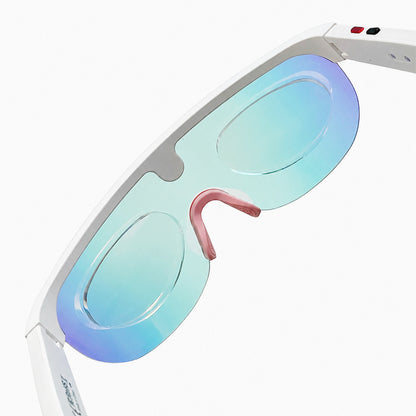 Clear stick on lenses attached inside white ai glasses.