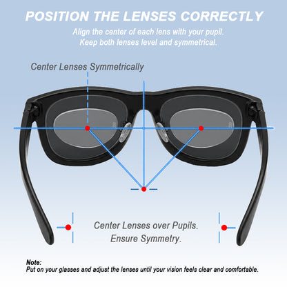 Black glasses showing correct placement of stick on lenses with alignment guides. Text reads “POSITION THE LENSES CORRECTLY”. “Align the center of each lens with your pupil”. “Keep both lenses level and symmetrical”. “Center Lenses Symmetrically”. “Center Lenses over Pupils”. “Ensure Symmetry”. “Note”. “Put on your glasses and adjust the lenses until your vision feels clear and comfortable”.