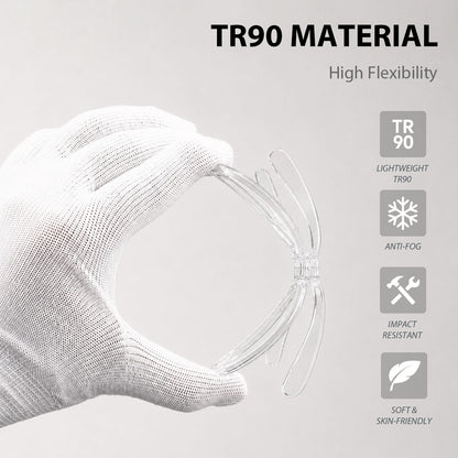 Clear prescription goggle insert flexed by hand to show its bendable frame. “TR90 MATERIAL”. “High Flexibility”.  “LIGHTWEIGHT TR90”. “ANTI-FOG”. “IMPACT RESISTANT”. “SOFT & SKIN-FRIENDLY”.